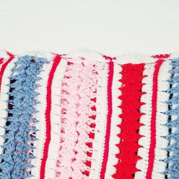VINTAGE 1970s King Size Pastel Blue Pink Crochet Striped Afghan Comforter - Picture 3 of 7